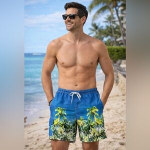 Old Navy Men’s Tropical Palm Tree Swim Trunks Board Shorts Blue Beach Size L